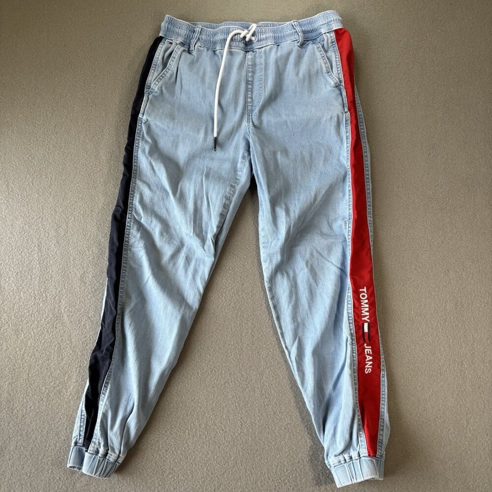 Tommy Hilfiger Womens Colorblock Denim Jogger Small‎ Flag Logo Retro 90s Revival